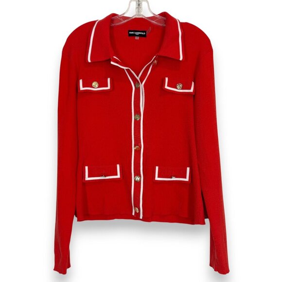 Karl Lagerfeld Paris Red Cardigan Sweater Jacket Gold Buttons Pockets Preppy M - Picture 1 of 10